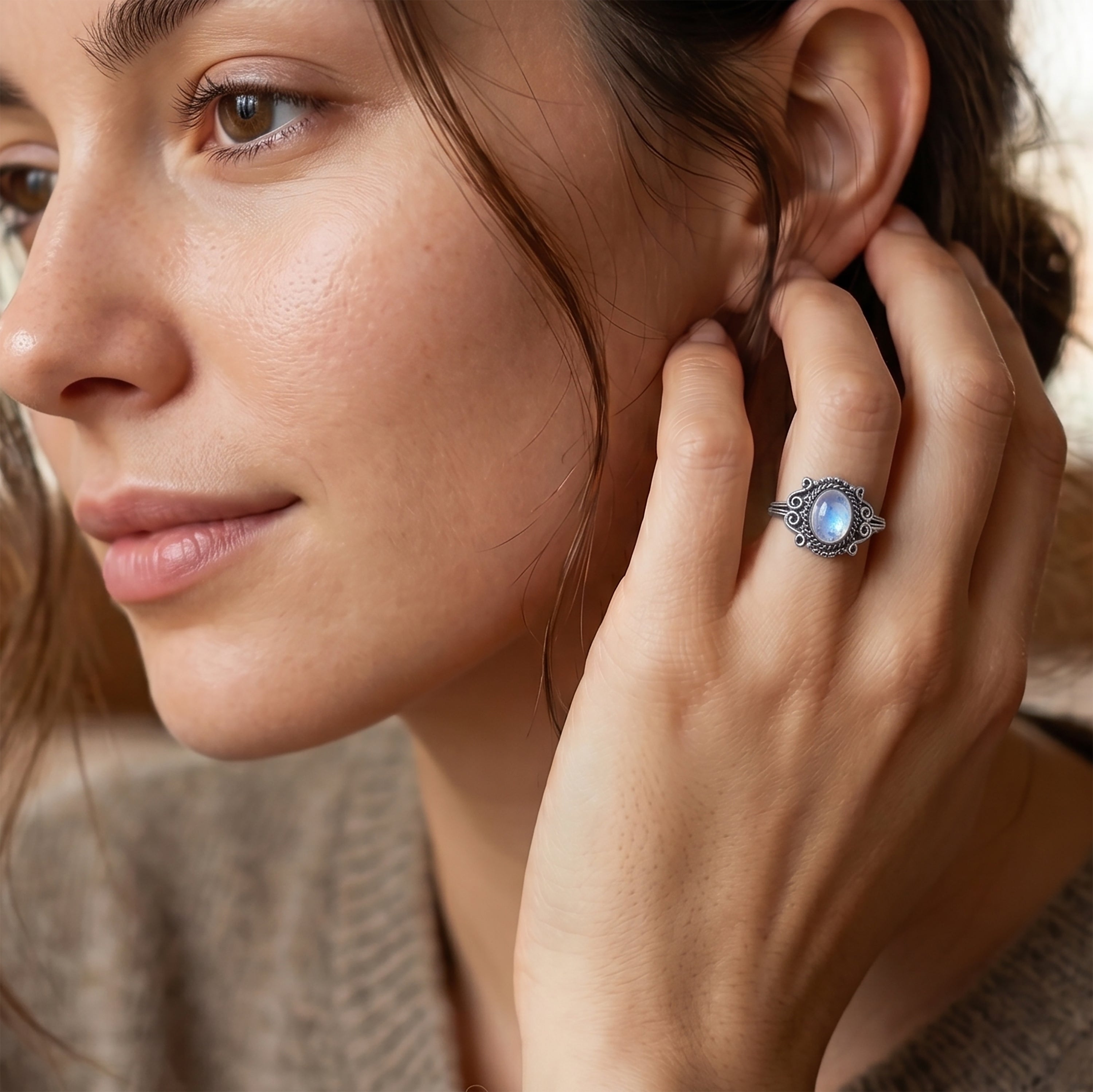 925 Sterling Silver Natural Moonstone Ring | Ladies Boho Filigree Band