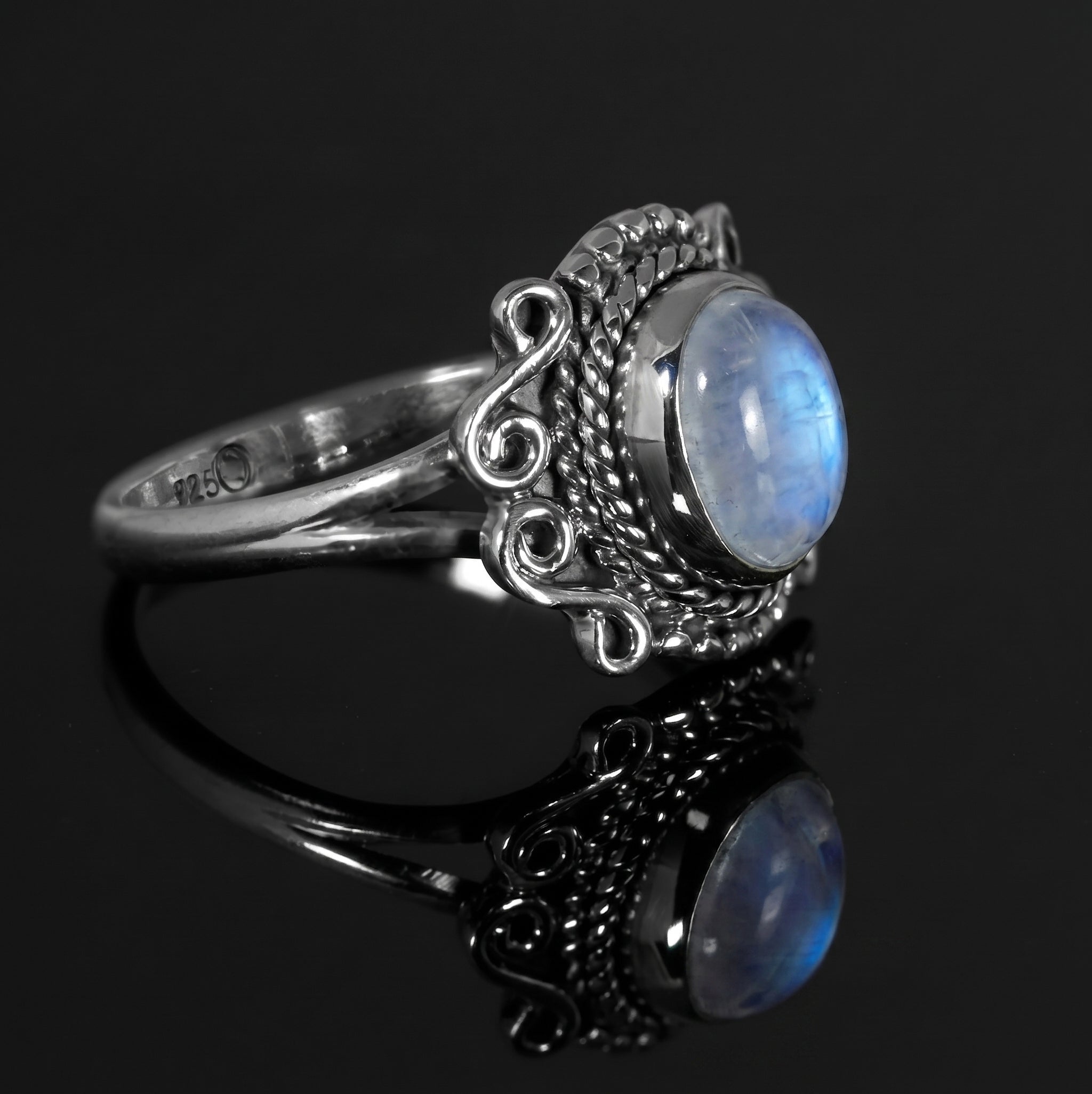 925 Sterling Silver Natural Moonstone Ring | Ladies Boho Filigree Band