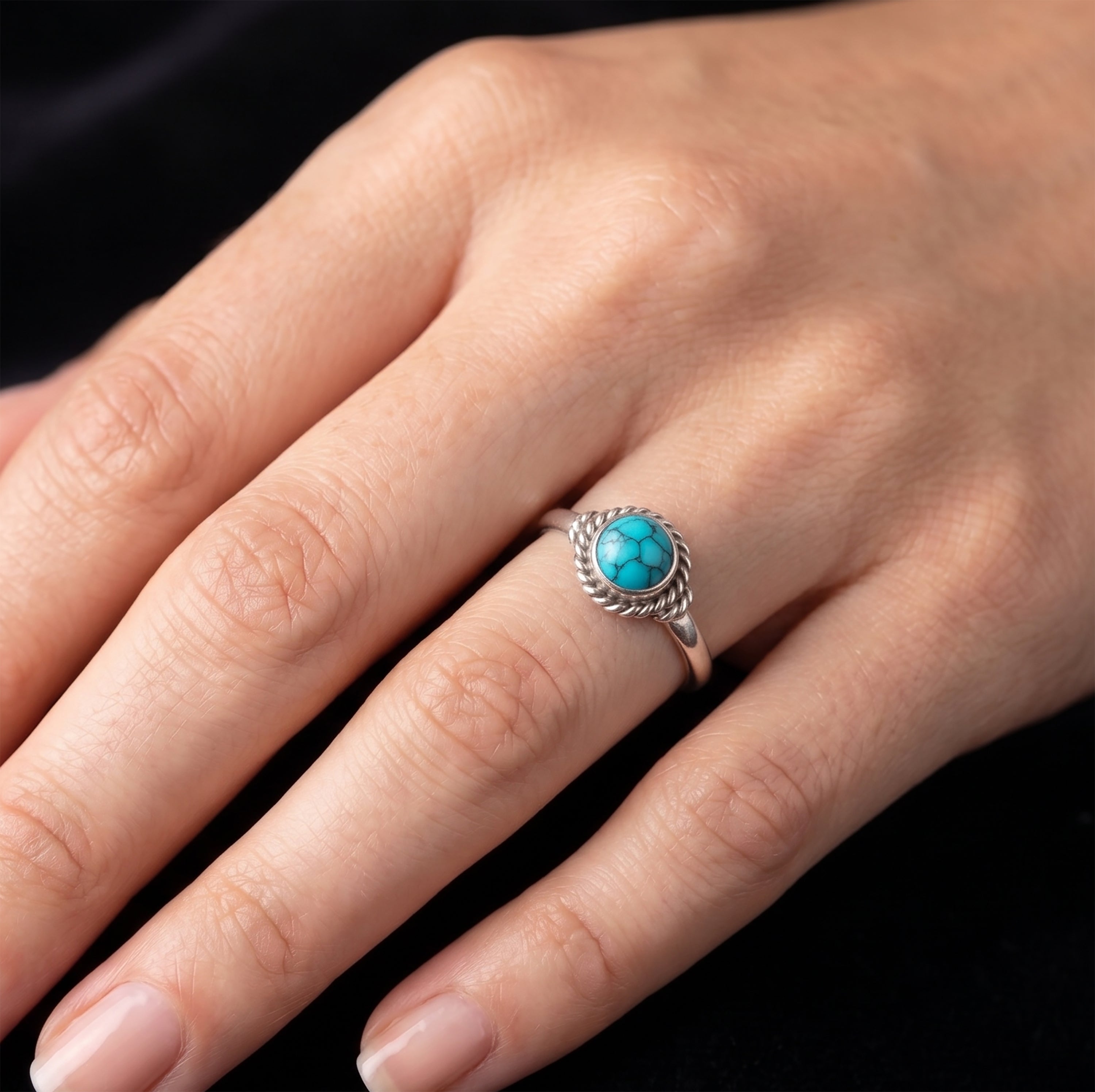 Handcrafted Turquoise & 925 Sterling Silver Round Statement Ring