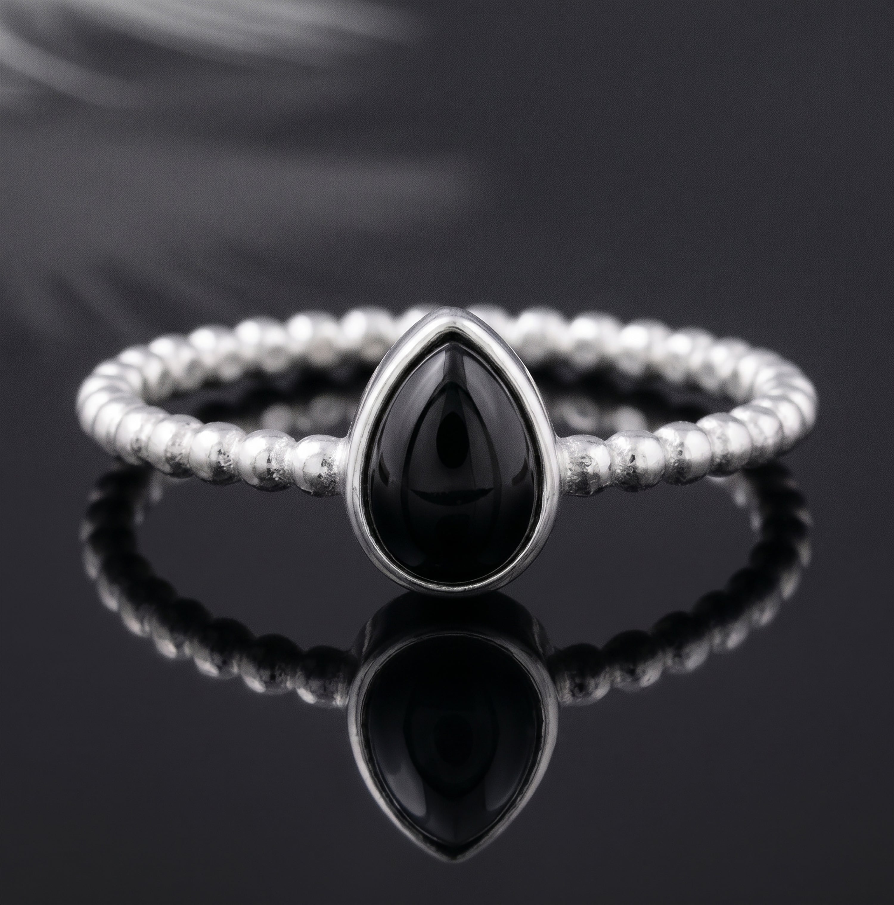 925 Sterling Silver Pear Cut Black Onyx Ribbed Bubble Ladies Ring Gift Boxed