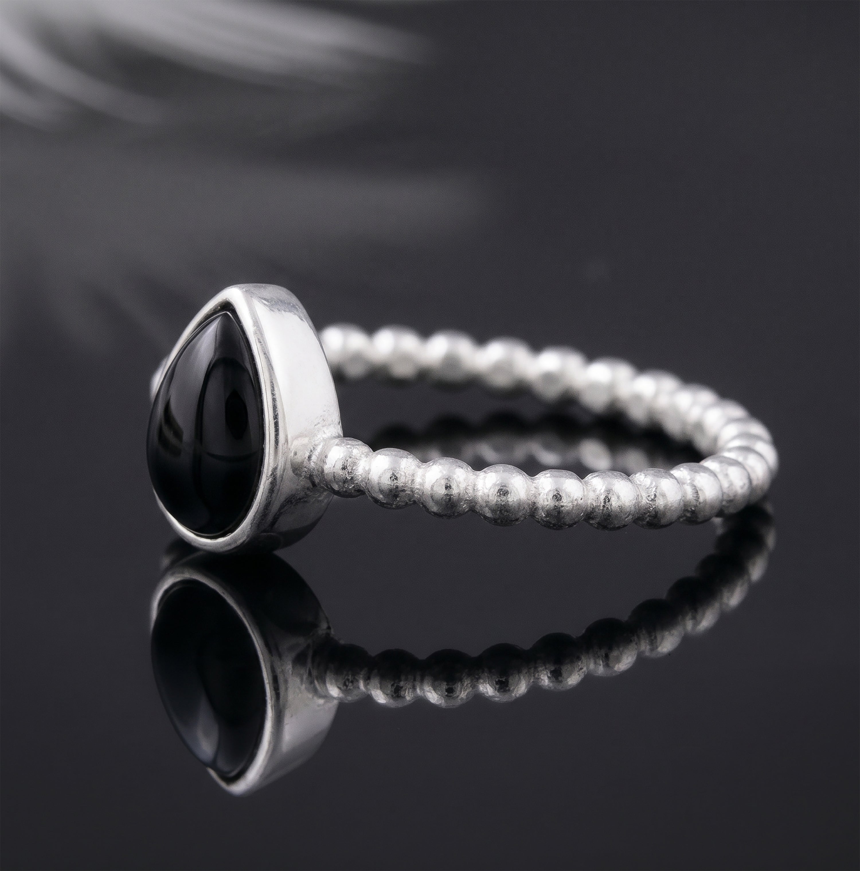 925 Sterling Silver Pear Cut Black Onyx Ribbed Bubble Ladies Ring Gift Boxed