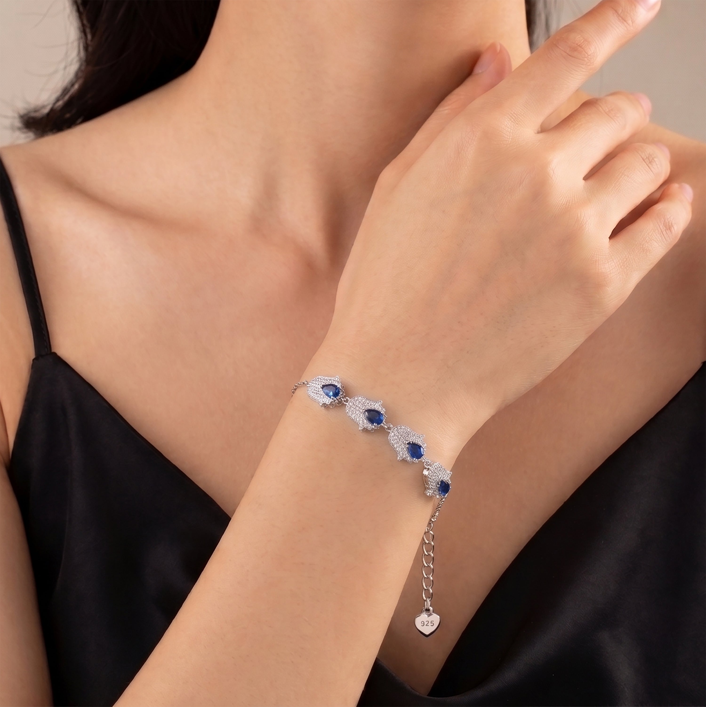 925 Sterling Silver Blue Sapphire & CZ Gemstone Tulip Adjustable Bracelet