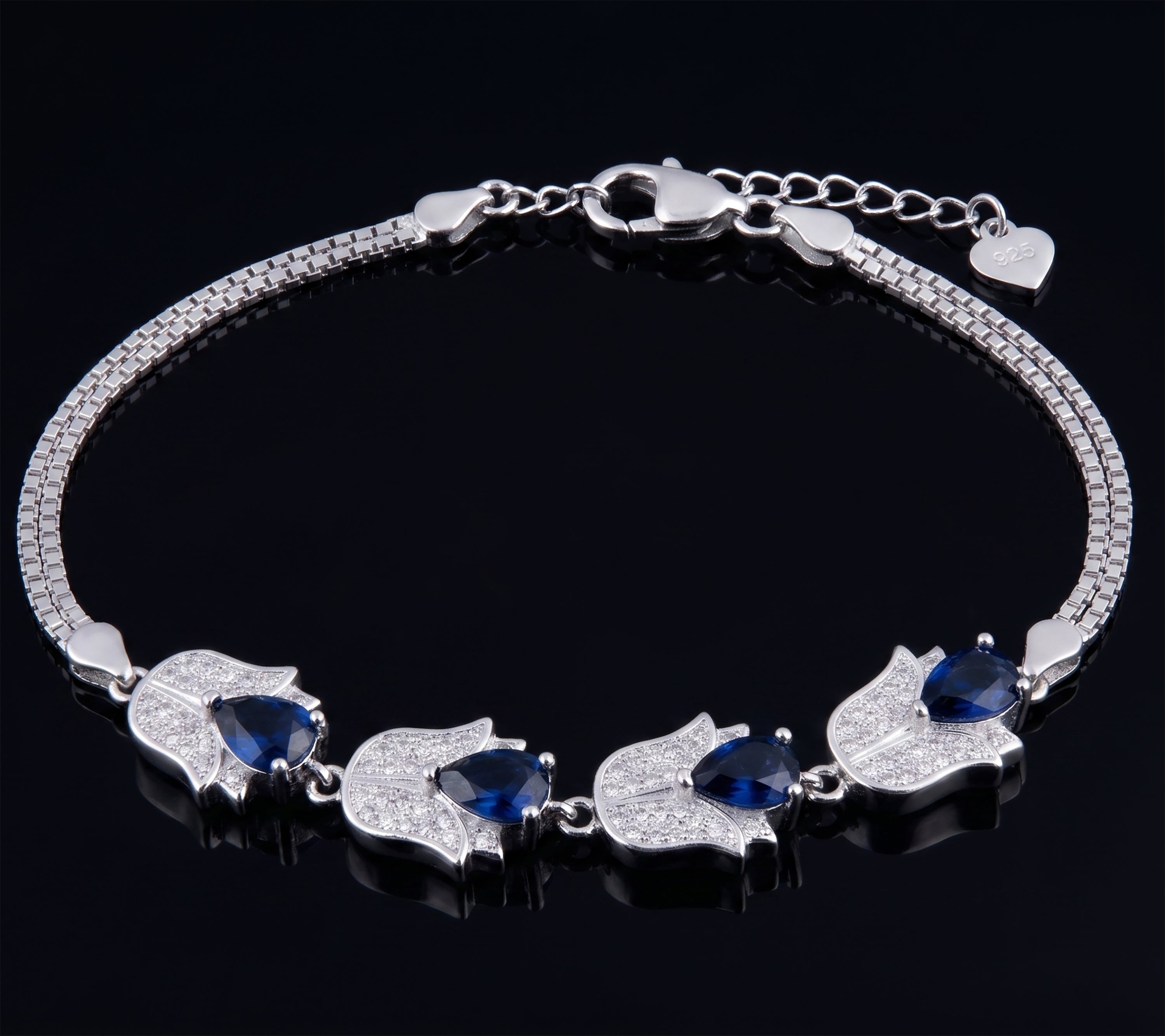 925 Sterling Silver Blue Sapphire & CZ Gemstone Tulip Adjustable Bracelet