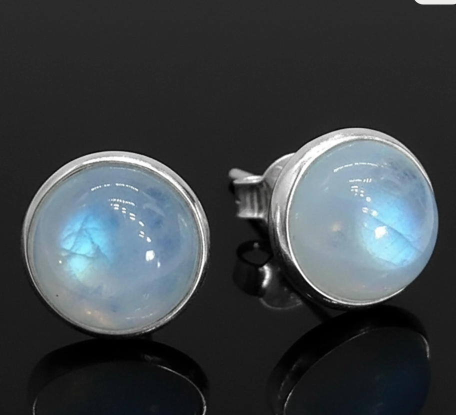 Genuine 925 Sterling Silver Round Moonstone Earrings Studs Gemstone