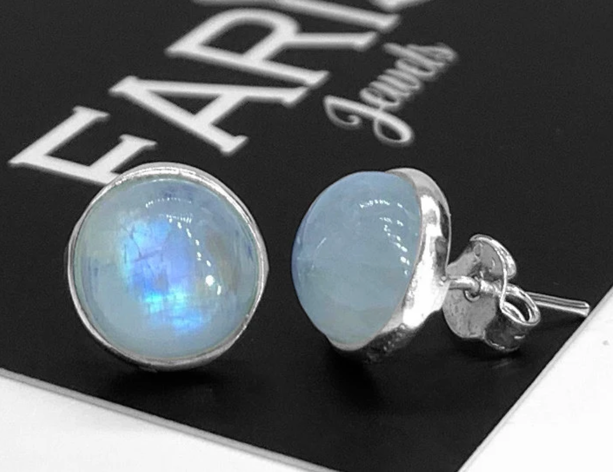 Genuine 925 Sterling Silver Round Moonstone Earrings Studs Gemstone