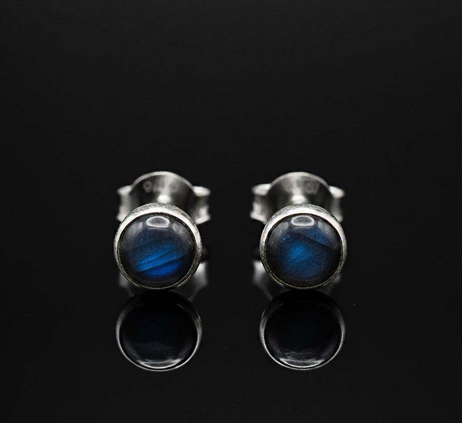 Small 925 Sterling Silver Labradorite Round Earrings Studs