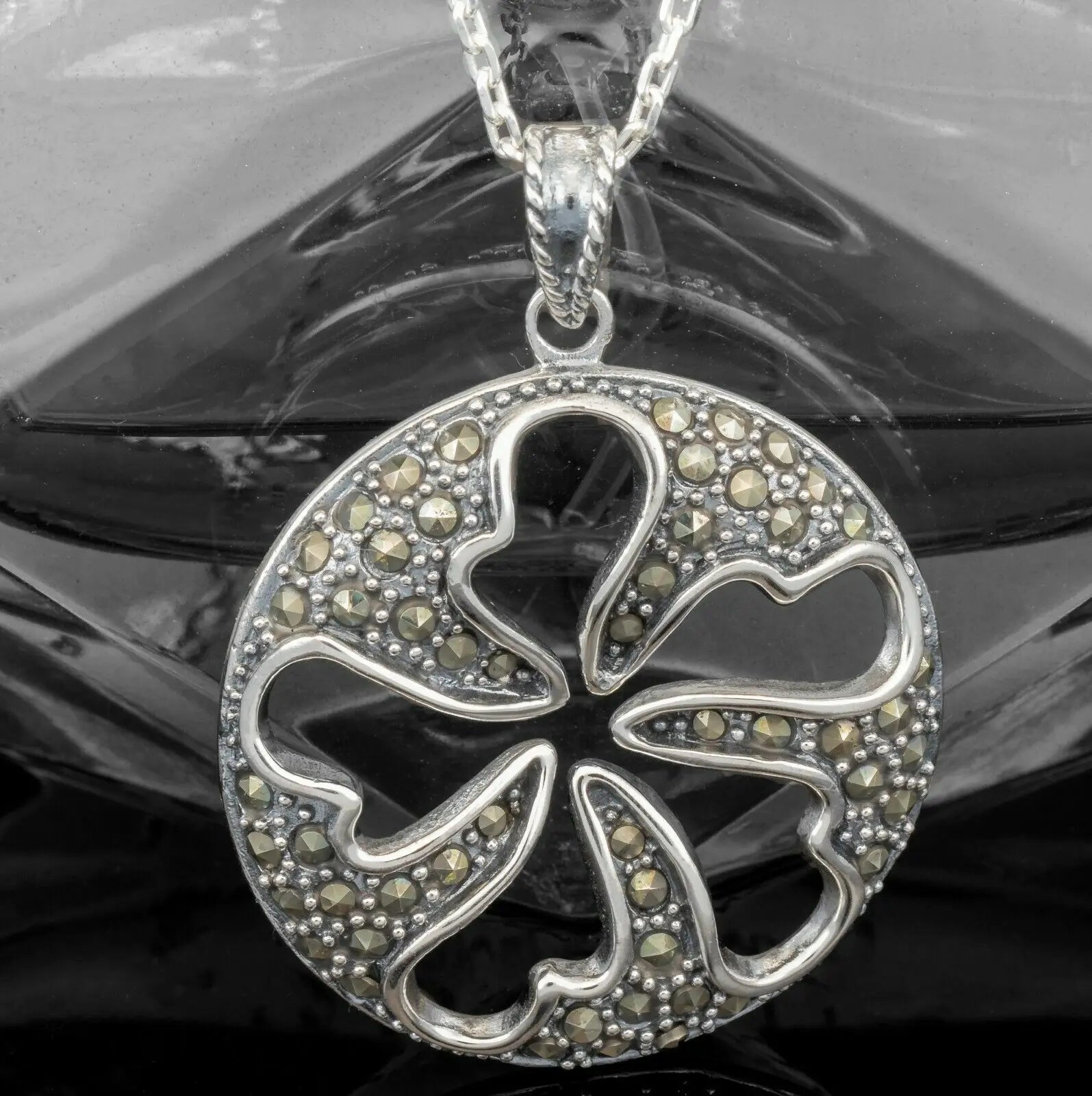 Sterling Silver MARCASITE Ladies Round Necklace Pendant Jewellery Gift Boxed