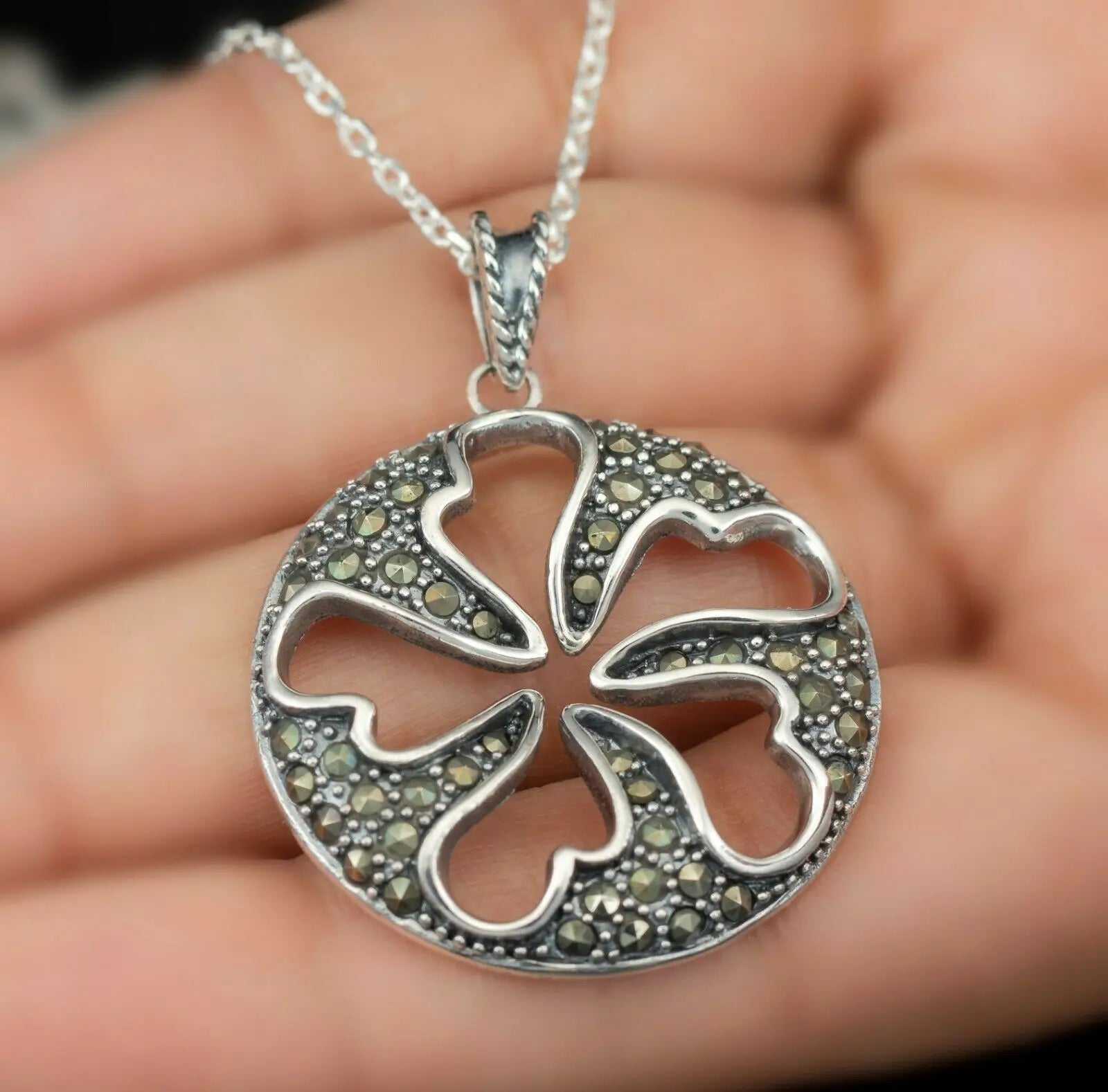 Sterling Silver MARCASITE Ladies Round Necklace Pendant Jewellery Gift Boxed