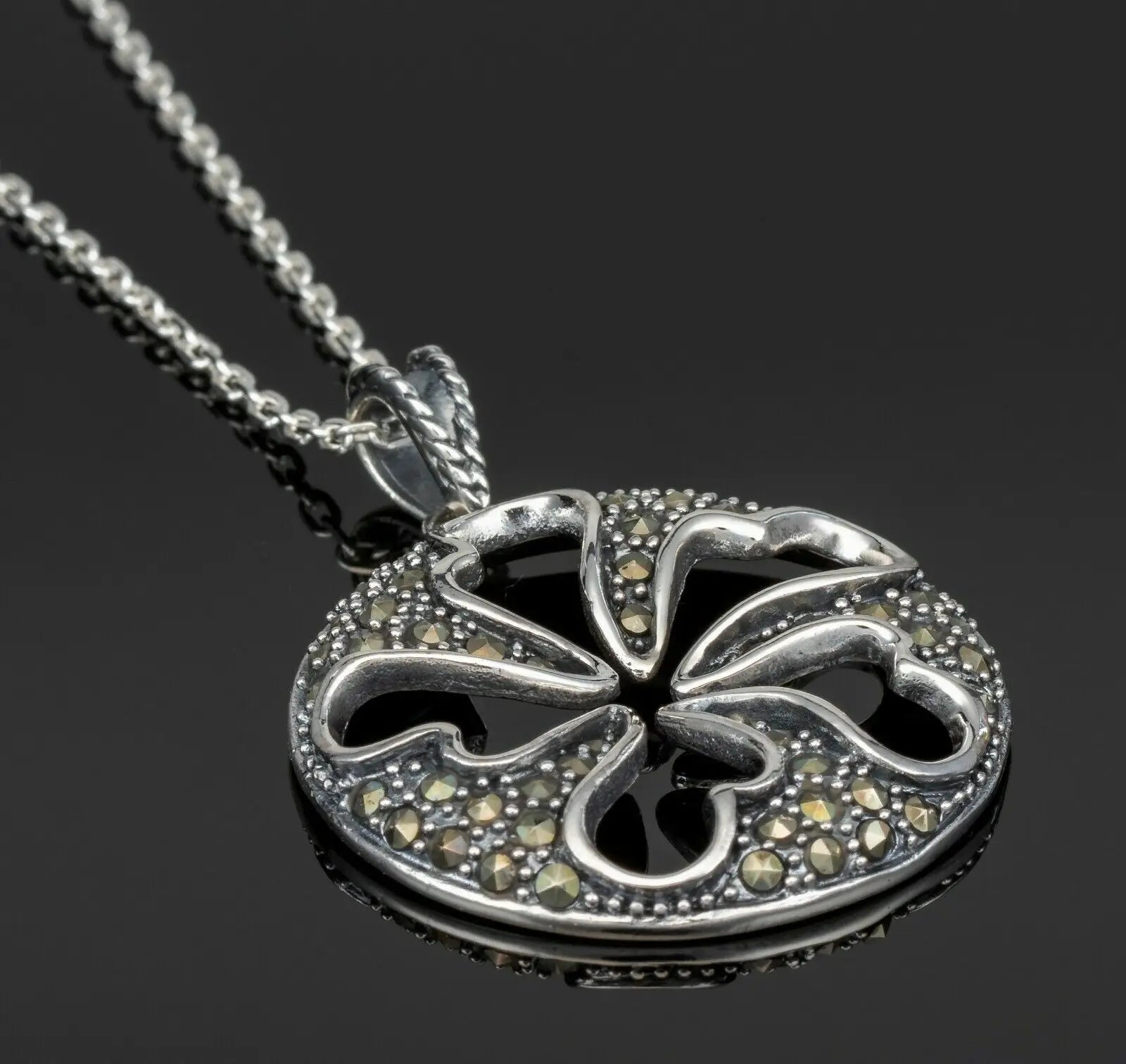 Sterling Silver MARCASITE Ladies Round Necklace Pendant Jewellery Gift Boxed