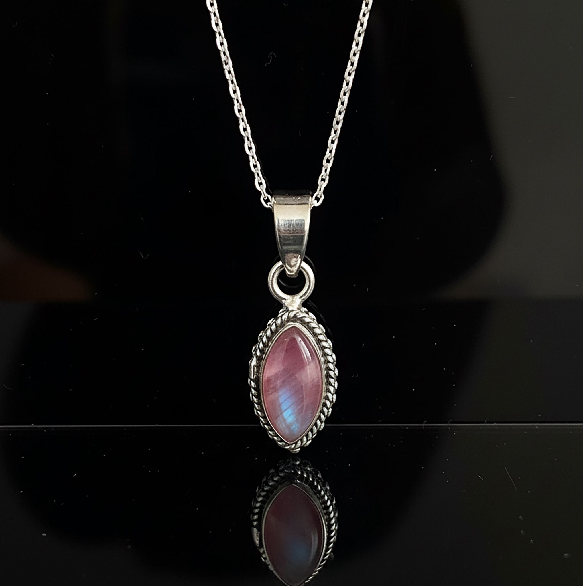 Marquise Pink Moonstone Sterling Silver 925 Pendant Necklace Ladies Jewellery
