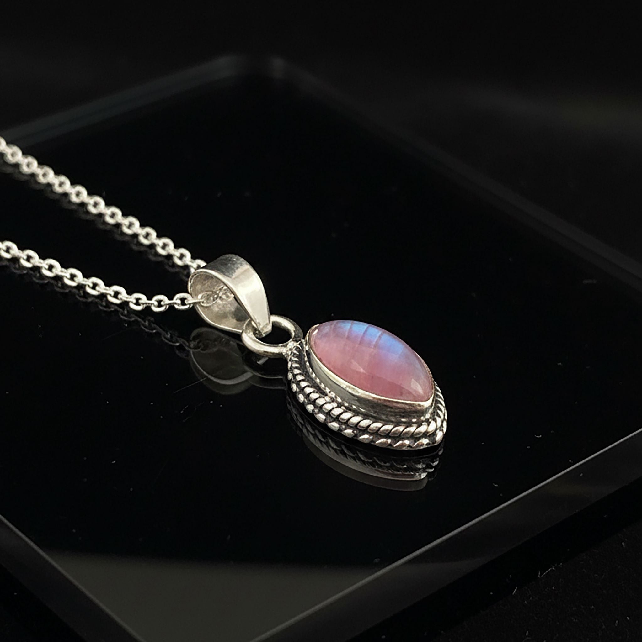 Marquise Pink Moonstone Sterling Silver 925 Pendant Necklace Ladies Jewellery