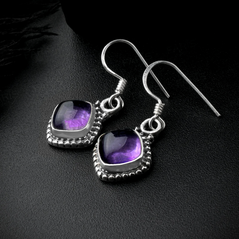 925 Sterling Silver Amethyst Gemstone Cushion Cut Drop Dangle Ladies Earrings