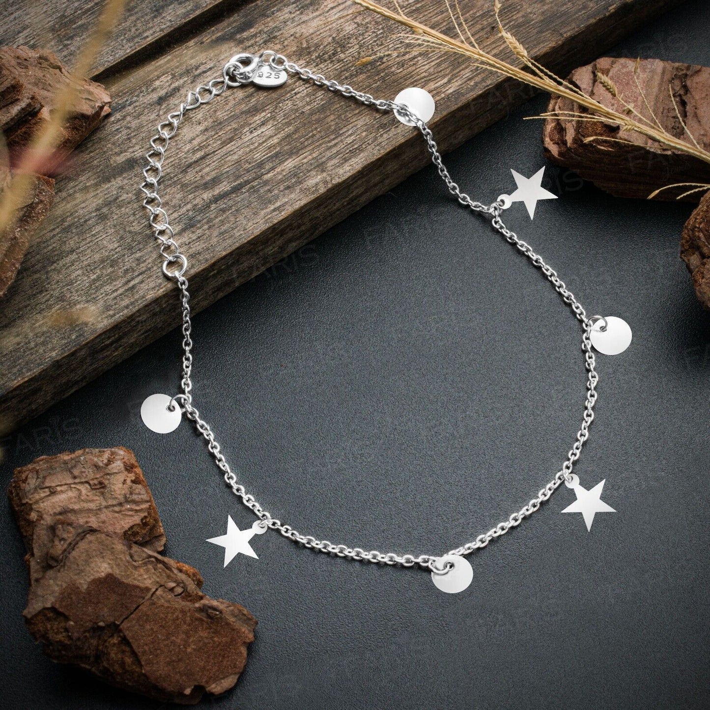 Adjustable Solid 925 Sterling Silver Star Charm Anklet Ladies Jewellery Gift - Faris Jewels