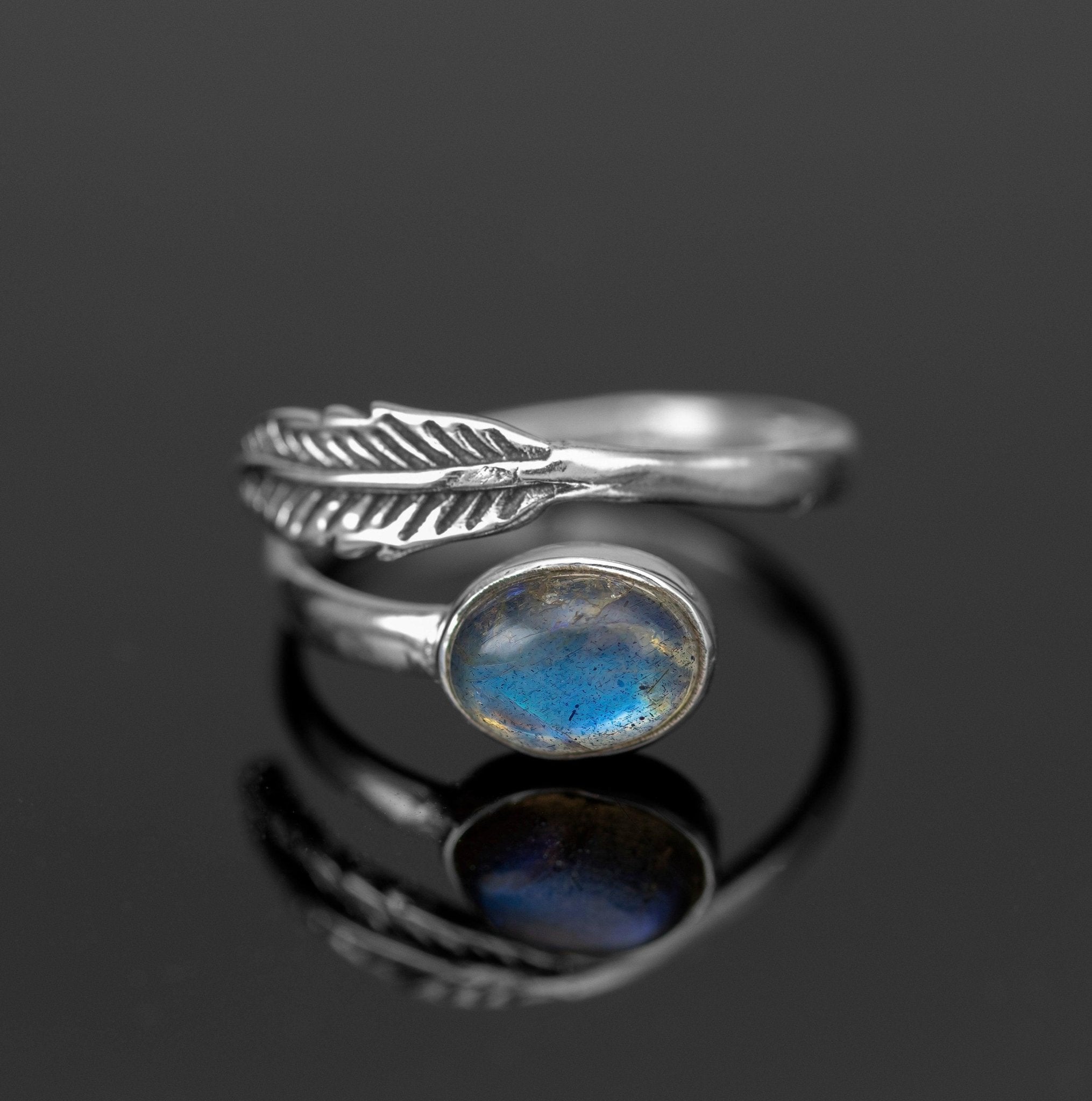 Adjustable Sterling Silver Labradorite Gemstone Leaf Ring Ladies Gift Jewellery Boxed Jewelry One Size