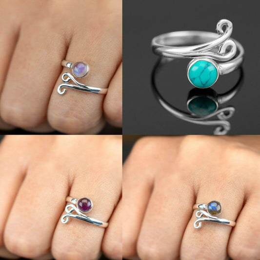 Adjustable Sterling Silver Ladies Moonstone Turquoise Amethyst Labradorite Ring Boxed Gift Jewellery - Faris Jewels