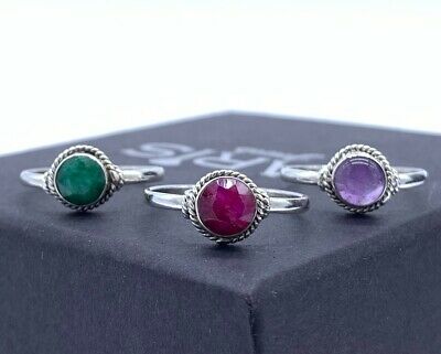 Designer 925 Sterling Silver Ladies Ruby Emerald Amethyst Gemstone Ring Gift Box