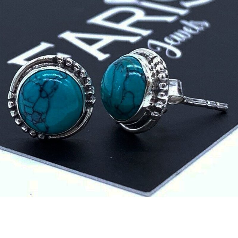 Beautiful 925 Sterling Silver Turquoise Round Designer Earrings Studs Gemstone
