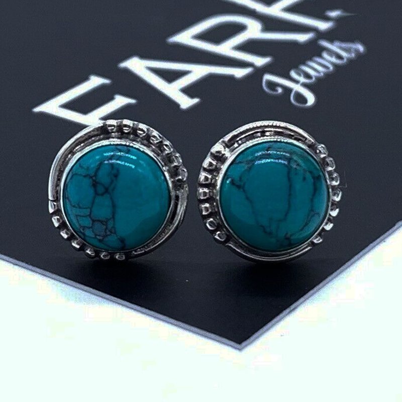 Beautiful 925 Sterling Silver Turquoise Round Designer Earrings Studs Gemstone