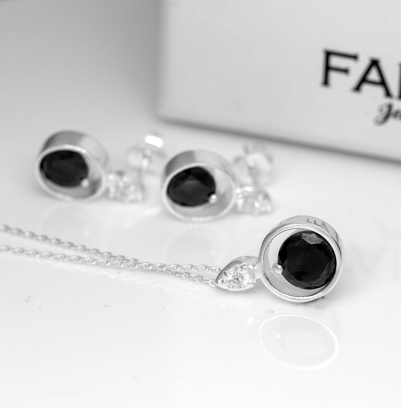 Black Onyx And Zirconia Sterling Silver Ladies Pendant Necklace Earrings Set