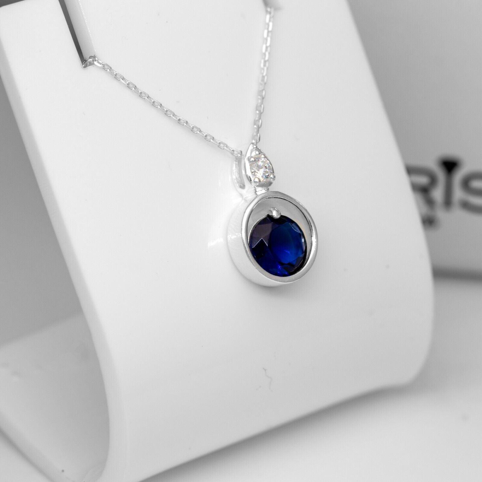 Blue Sapphire And Zirconia Sterling Silver Ladies Pendant Necklace Earrings Set