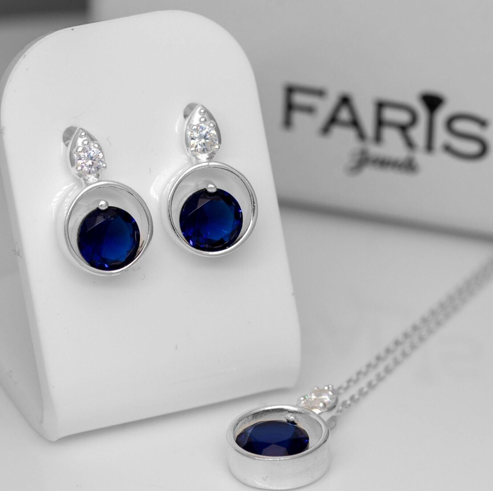 Blue Sapphire And Zirconia Sterling Silver Ladies Pendant Necklace Earrings Set