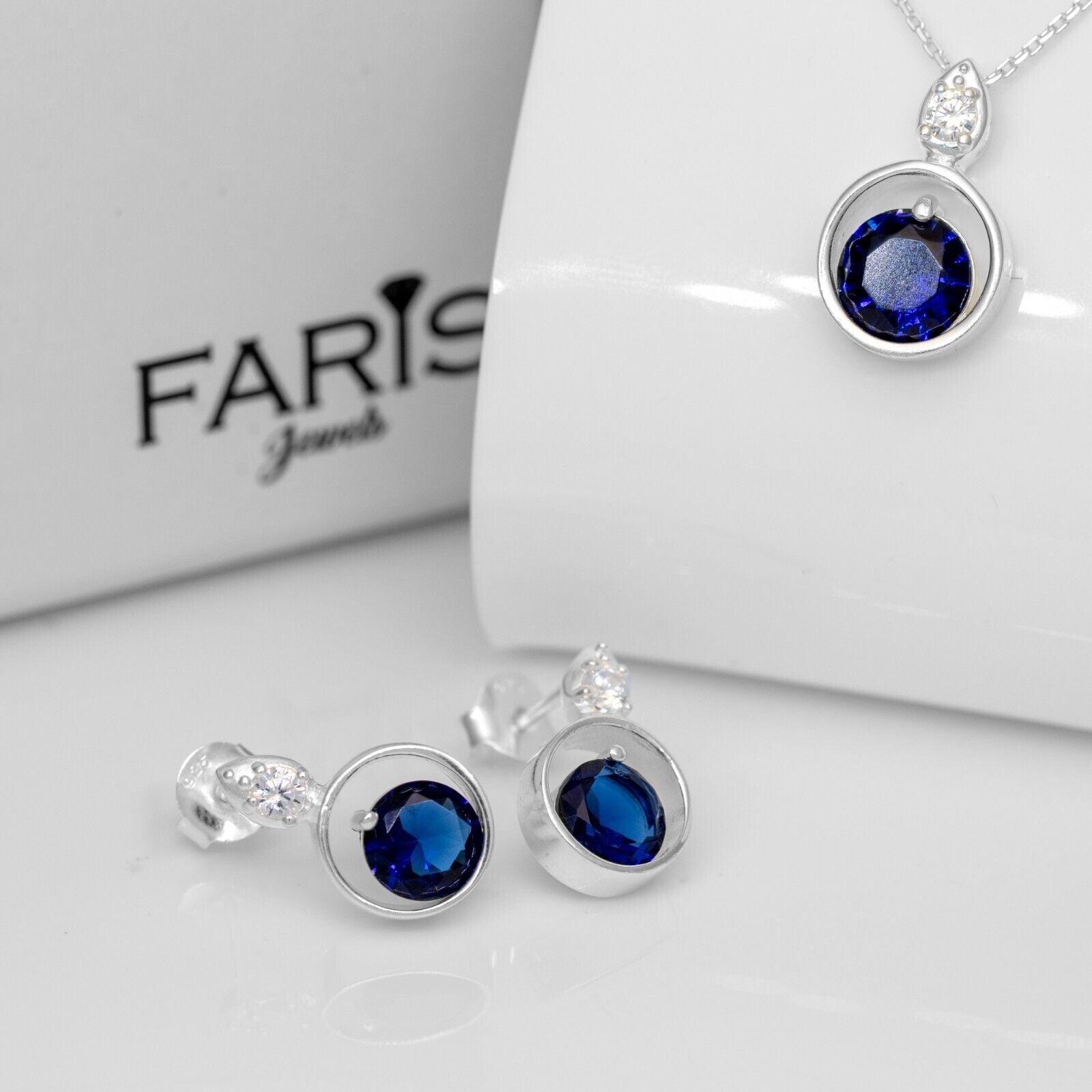 Blue Sapphire And Zirconia Sterling Silver Ladies Pendant Necklace Earrings Set
