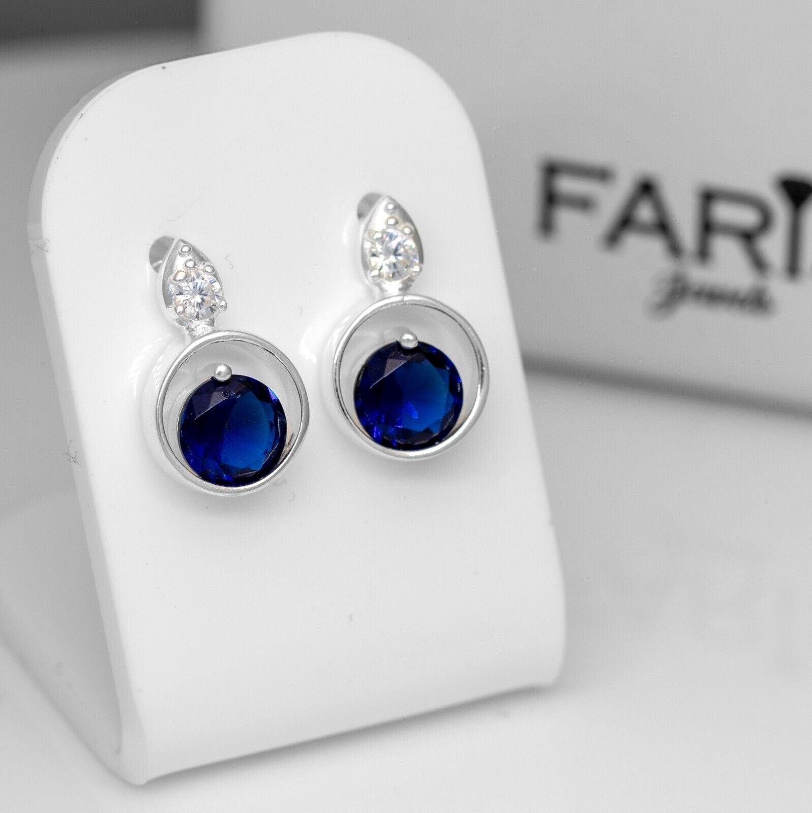 Blue Sapphire And Zirconia Sterling Silver Ladies Pendant Necklace Earrings Set