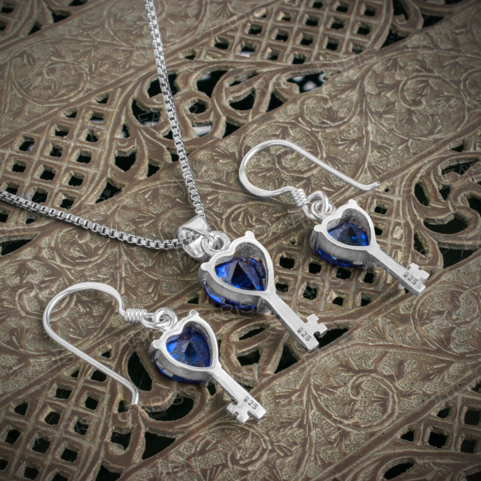 Blue Sapphire Gemstone Pendant and Earring Set Key To My Heart Gift Jewellery