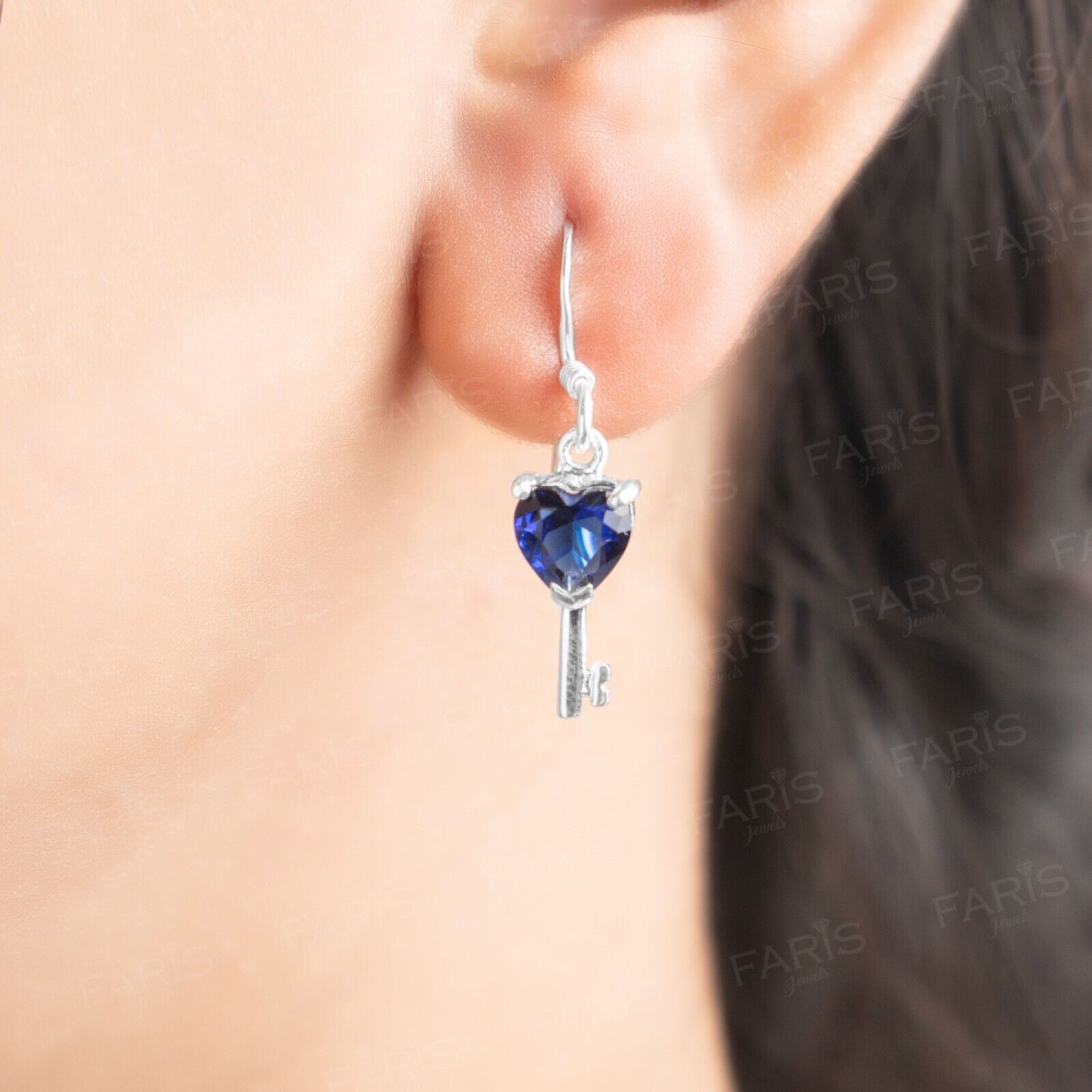 Blue Sapphire Gemstone Pendant and Earring Set Key To My Heart Gift Je Faris Jewels