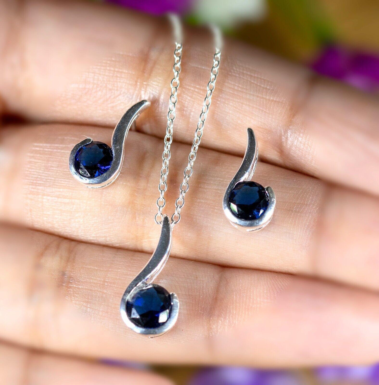 Blue Sapphire Music Note Sterling Silver Ladies Pendant Necklace Earrings Set
