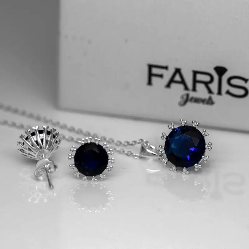 Blue Sapphire Sterling Silver Ladies Pendant Necklace Earrings Set Jewellery