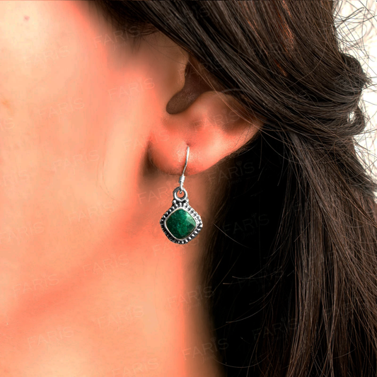 925 Sterling Silver Emerald Gemstone Cushion Cut Drop Dangle Ladies Earrings
