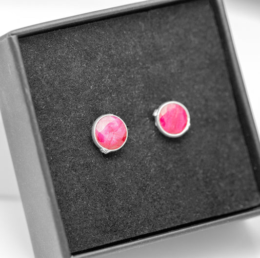Genuine 925 Sterling Silver Red Ruby Earrings Round Button Studs Gemstone Jewellery