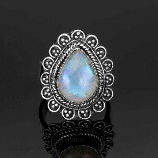 Beautiful 925 Sterling Silver Ladies Moonstone Pear Gemstone Ring Jewellery Gift - Faris Jewels