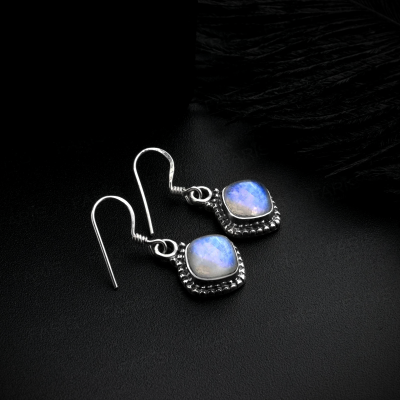 925 Sterling Silver Moonstone Gemstone Cushion Cut Drop Dangle Ladies Earrings