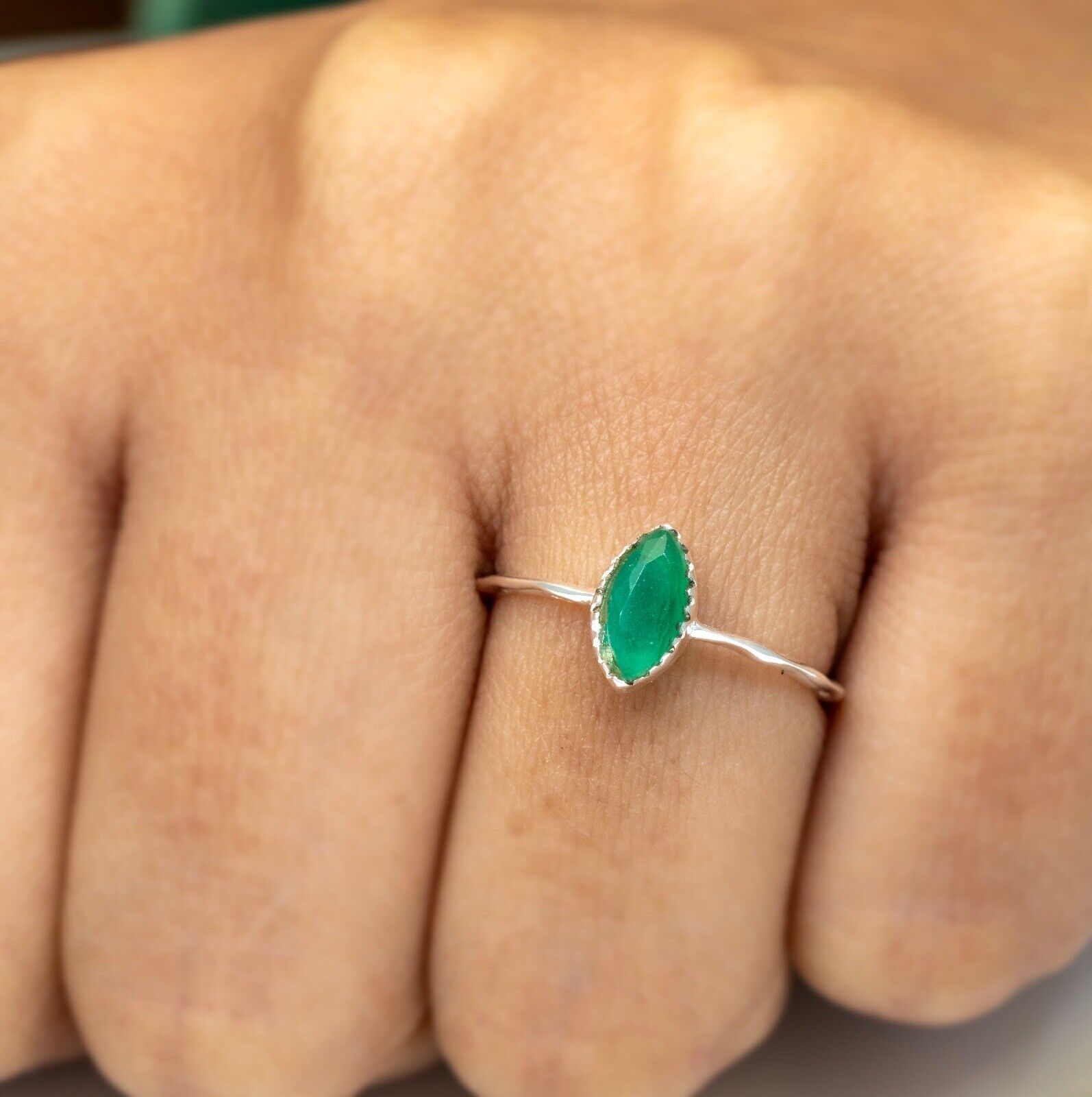 Dainty Sterling Silver Green Onyx Ring Ladies Marquise Gemstone Jewellery Gift