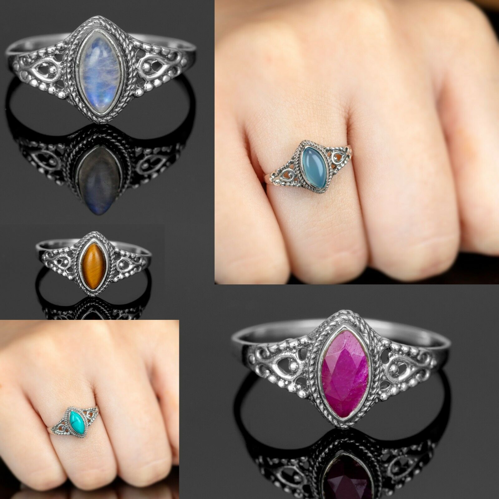 Marquise 925 Sterling Silver Labradorite Ruby Gemstone Ladies Ring Jewellery