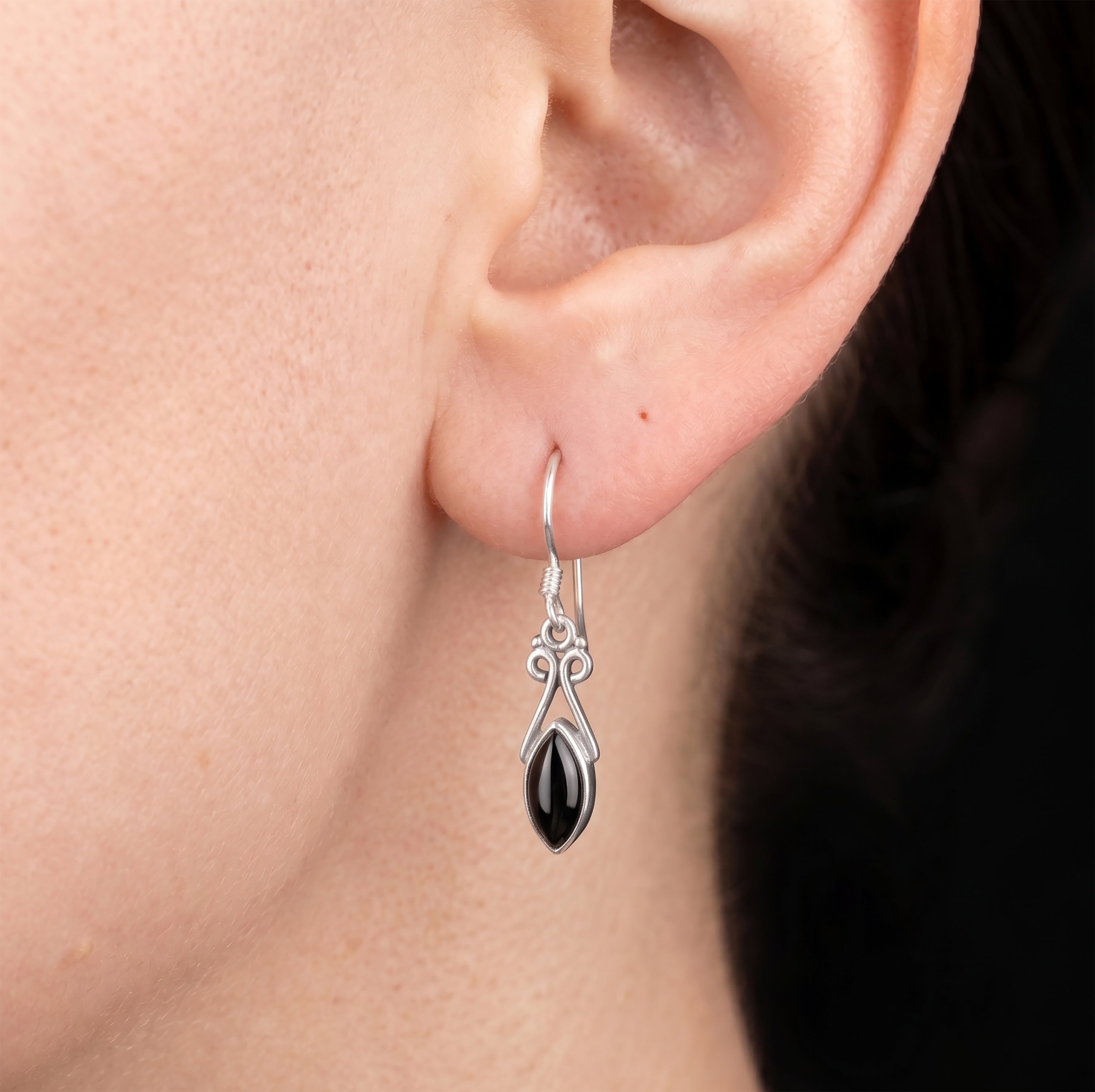 Sterling Silver 925 Ladies Marquise Gemstone Black Onyx Drop Dangle Earrings Jewellery Gift Jewelry