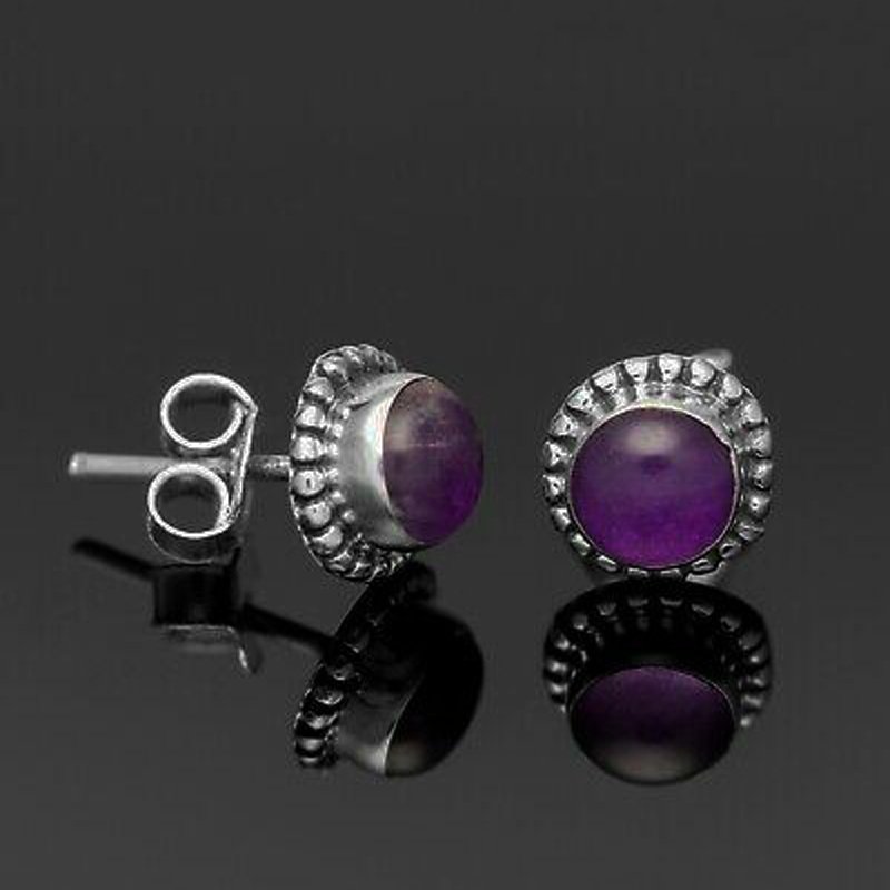 Elegant 925 Sterling Silver Amethyst Round Earrings Studs Gemstone Gift Boxed