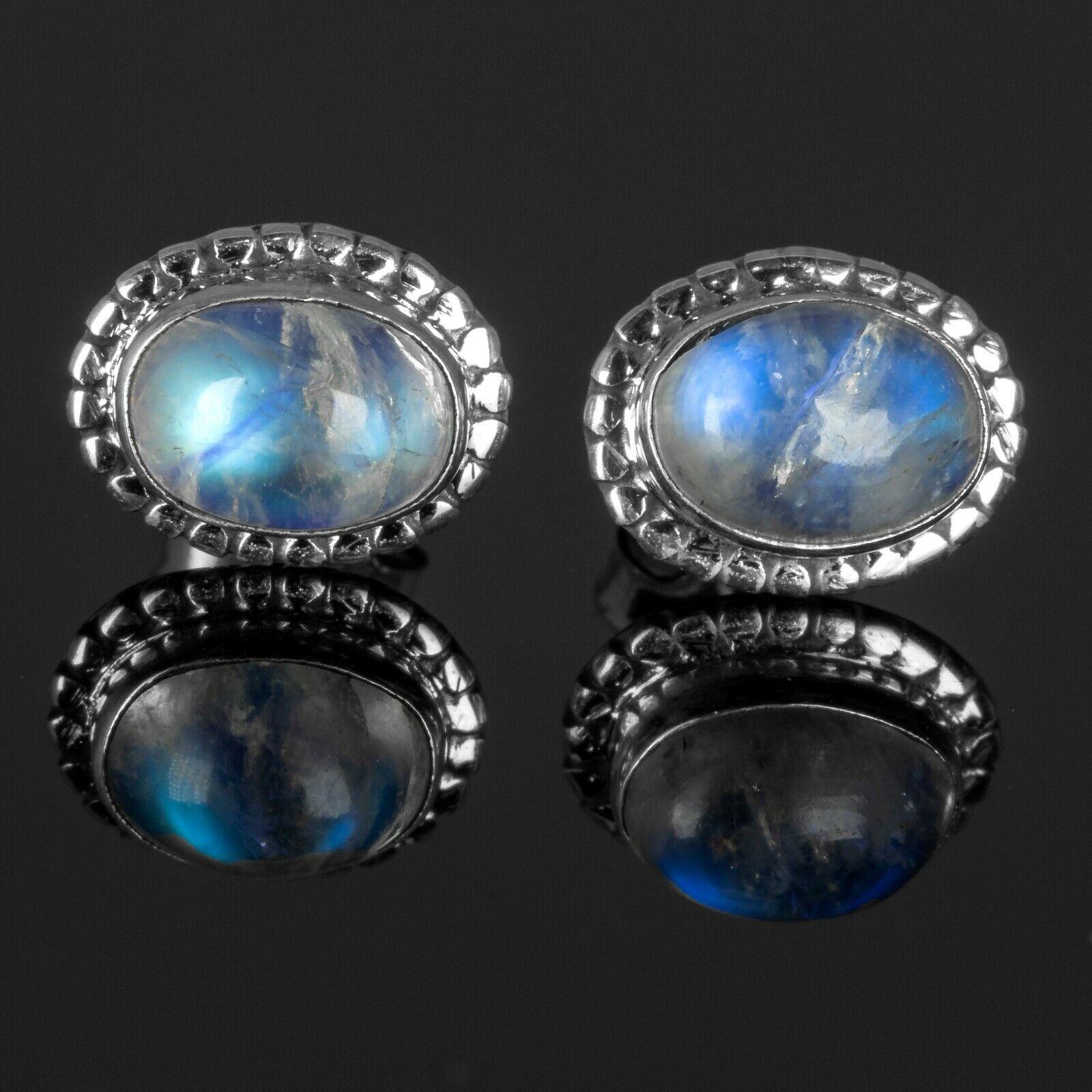 Elegant Genuine 925 Sterling Silver Moonstone Oval Earrings Studs Gemstone