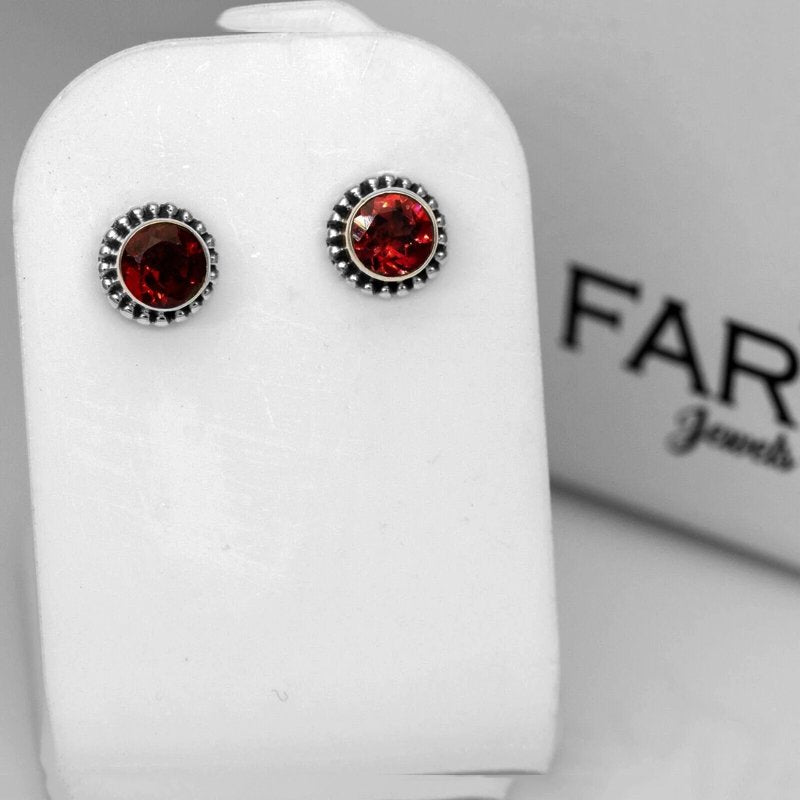 Elegant Round Red Garnet 925 Sterling Silver Earrings Studs Ladies Jewellery