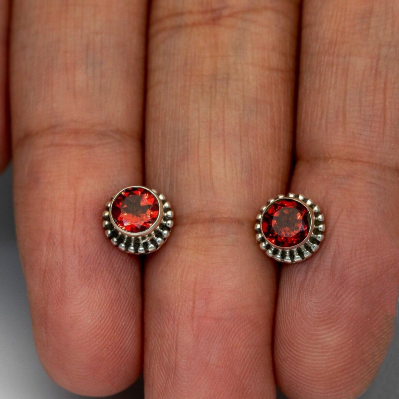 Elegant Round Red Garnet 925 Sterling Silver Earrings Studs Ladies Jewellery