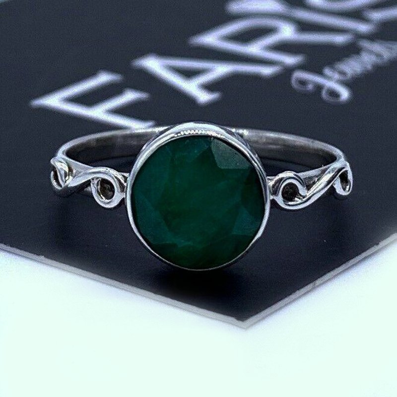Emerald 925 Sterling Silver Ladies Round Ring Green Gemstone Jewellery Gift
