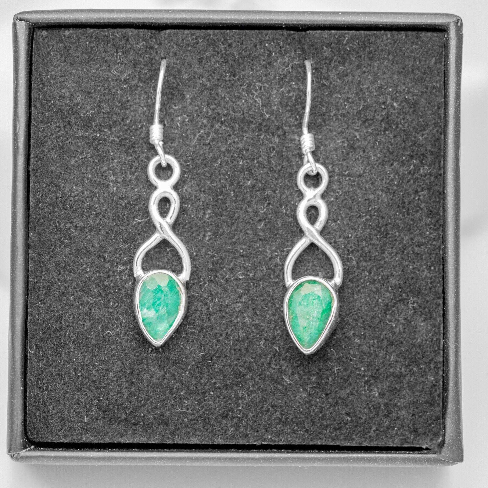 Emerald Gemstone 925 Sterling Silver Infinity Drop Dangle Earrings Jewellery