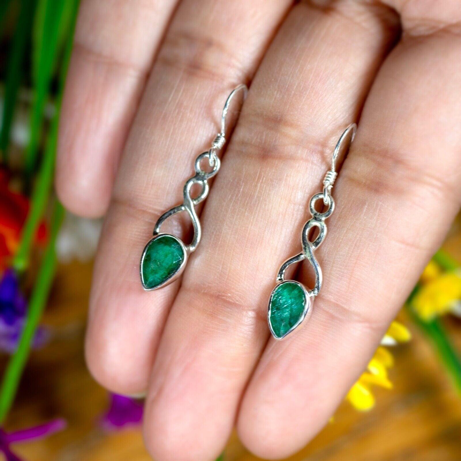 Emerald Gemstone 925 Sterling Silver Infinity Drop Dangle Earrings Jewellery