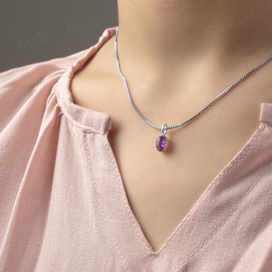 Small 925 Sterling Silver Oval Cut Amethyst Gemstone Ladies Pendant Necklace