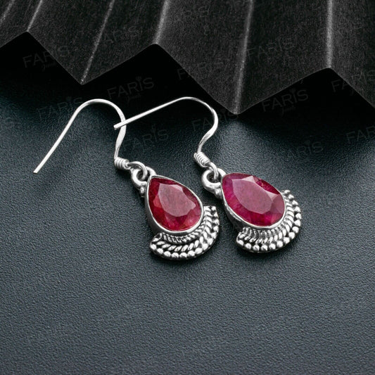 Pear Cut Red Ruby Gemstone Sterling Silver Drop Dangle Fan Earrings Jewellery