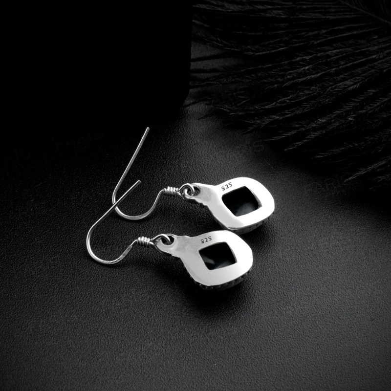 925 Sterling Silver Black Onyx Gemstone Cushion Cut Drop Dangle Ladies Earrings
