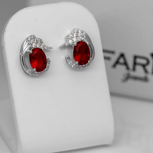 925 Sterling Silver Simulated Diamond & Red Garnet Ladies Stud Earrings Gift - Faris Jewels
