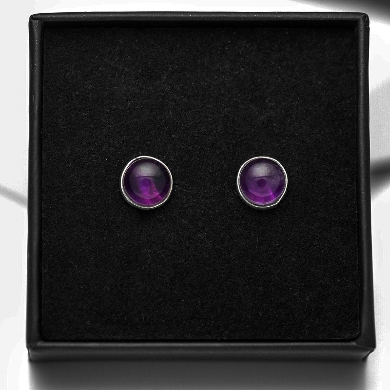 Genuine 925 Sterling Silver Round Amethyst Ladies Earrings Studs Gemstone Gift